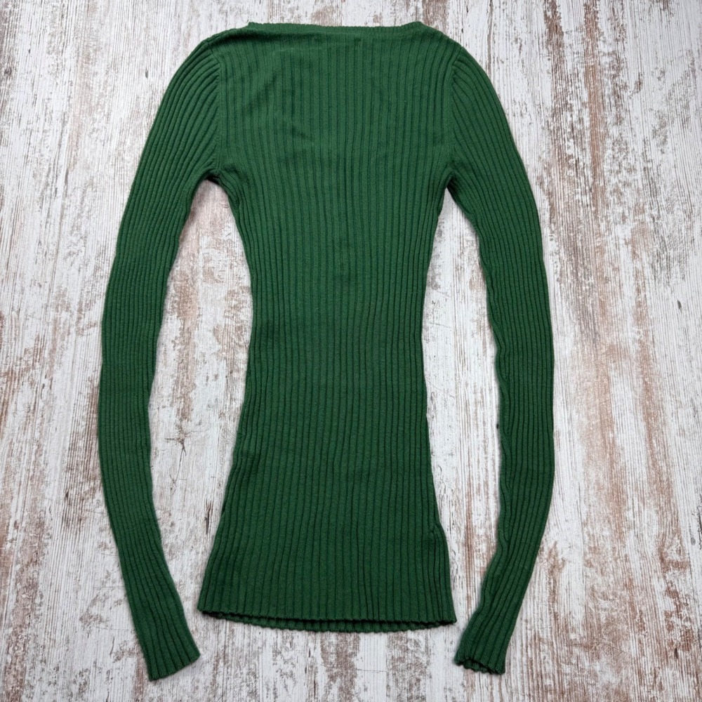 VTG Y2K Express Green Ribbed Henley Scoop Neck Long Sleeve Top Size XS Fitted - Picture 2 of 8